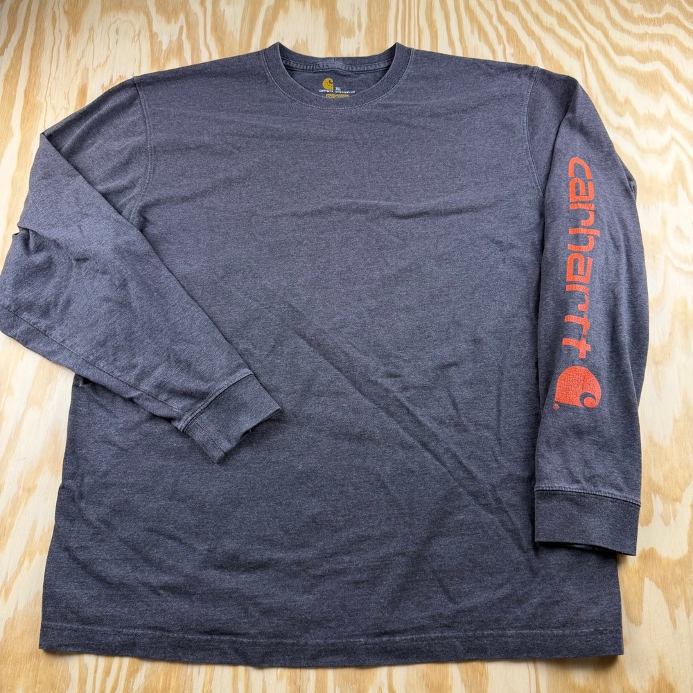 Carhartt Mens XL Long Sleeve Graphic T-Shirt Charcoal Gray Orange Logo Workwear